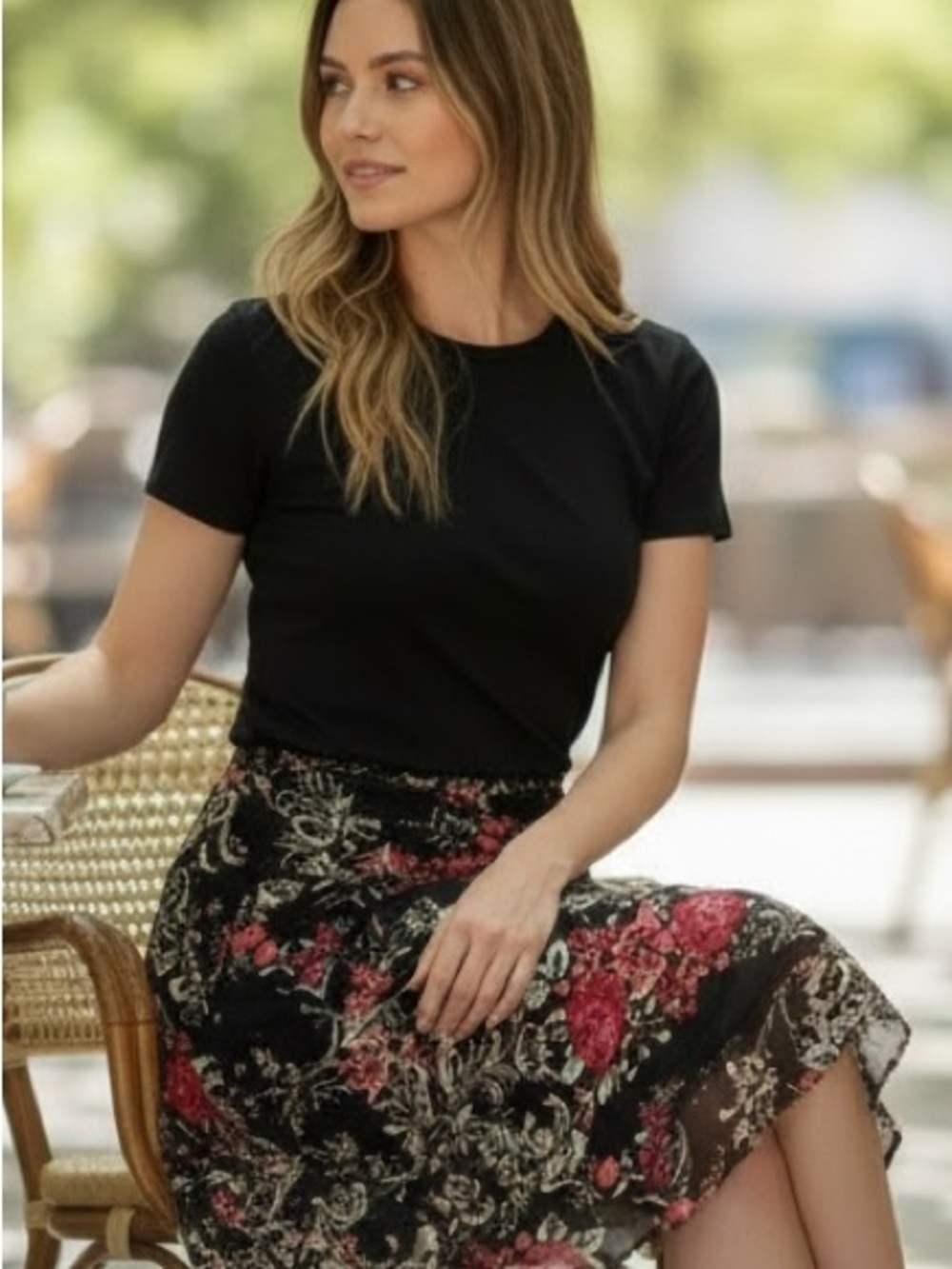 Emma James Black Floral Skirt with Pink and Cream Accents